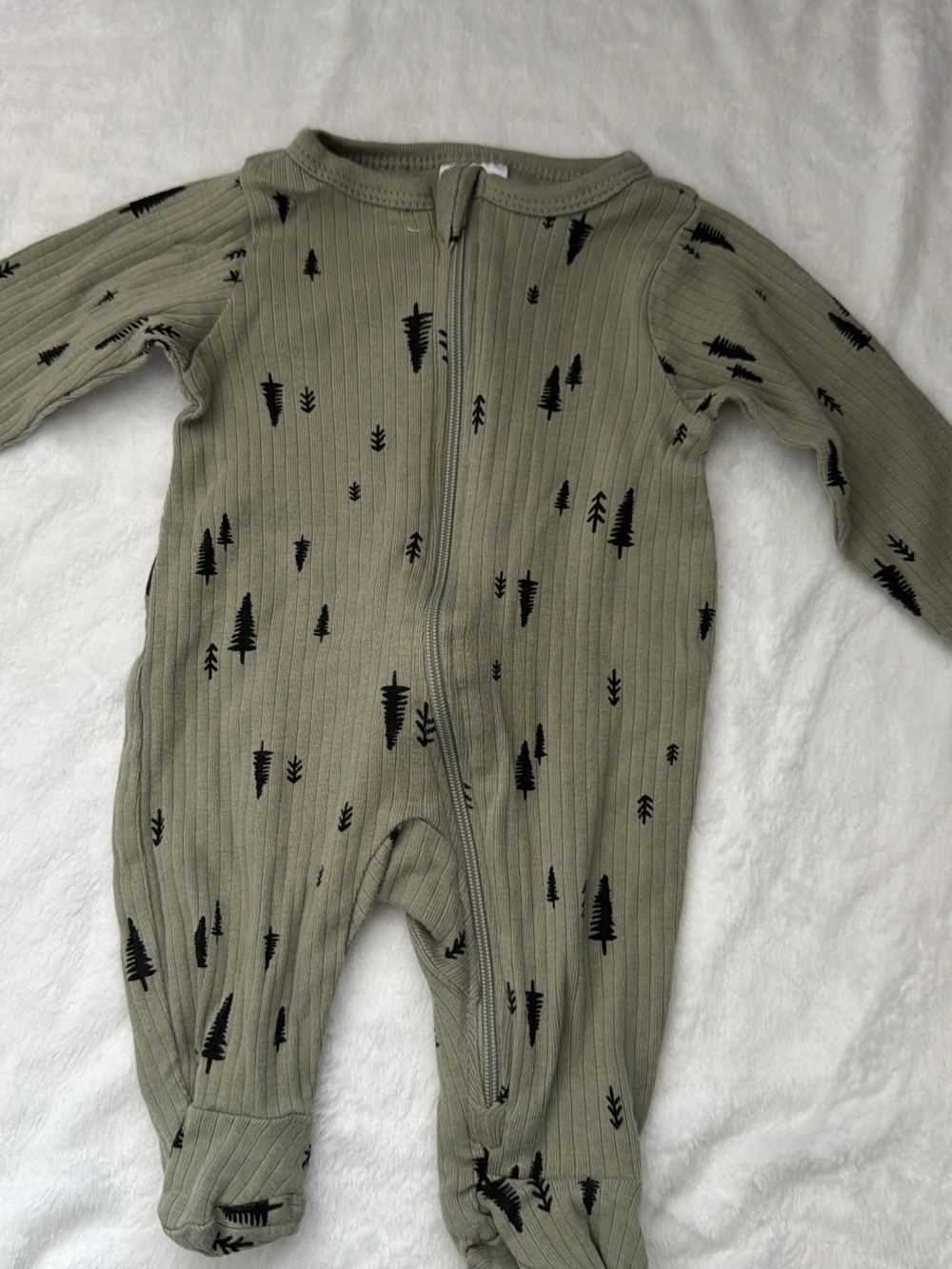 Baby Ribbed One-Piece Zipper Romper in Olive with Tree Print
